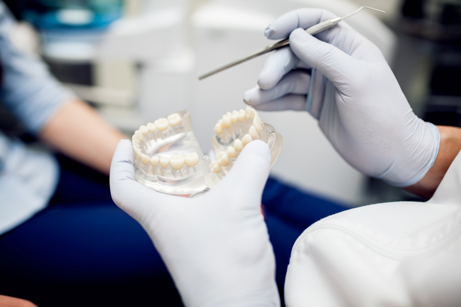Dentista mostrando dentadura